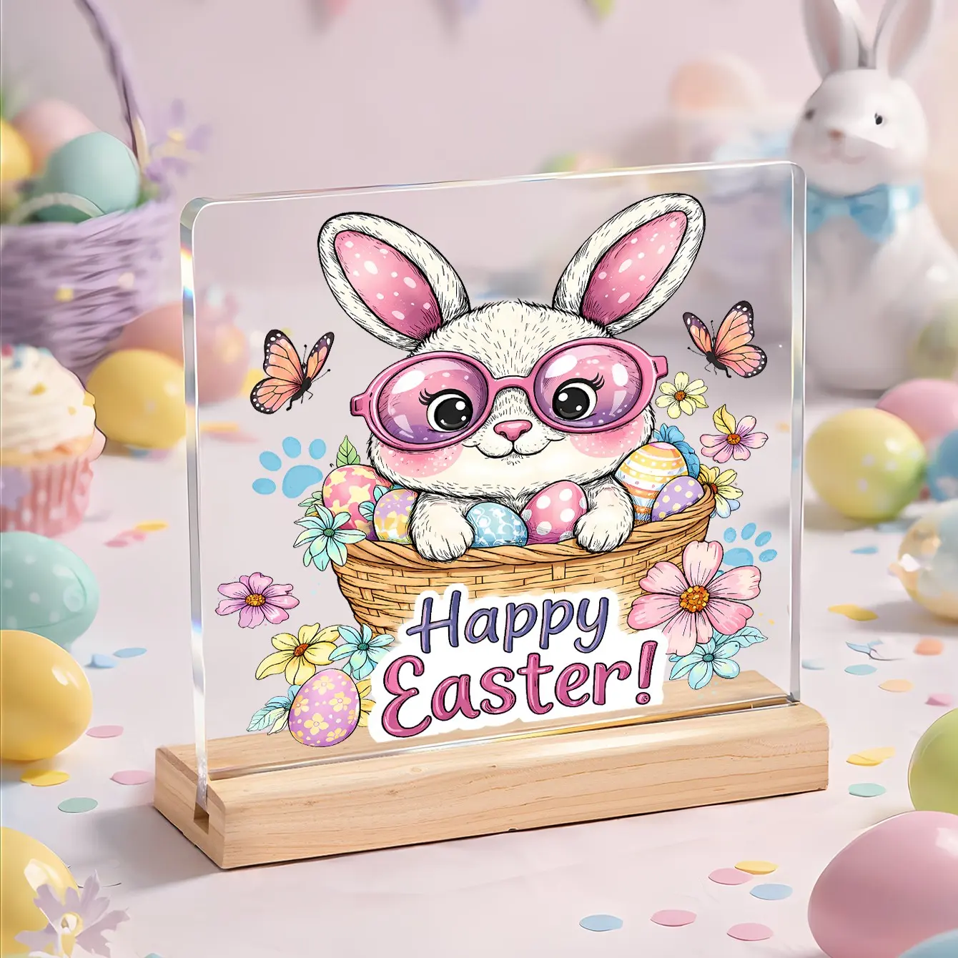 Easter Bunny with Glasses Acrylic Plaque, Cute Happy Easter Desk Decor, Spring Holiday Gift, Teacher & Office Supplies
