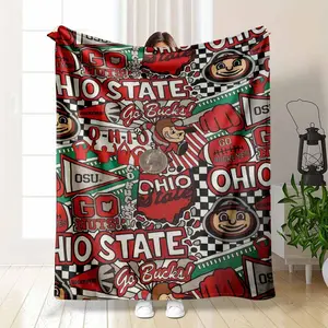 Ohio College Football Flannel Blanket Cartoon Mascot Slogan Style Print Soft Warm Cozy Lightweight Throw for Home Couch Stadium Sports Events Tailgating Fan Gift