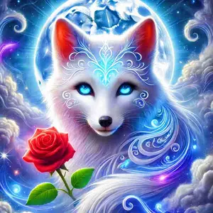 5D Full Drill Diamond Painting Kit - Mystical White Fox with Red Rose & Moonlit Fantasy Scene, Round Acrylic Diamonds, DIY Art for Home Wall Decor, Ideal Gift for Myth & Craft Enthusiasts