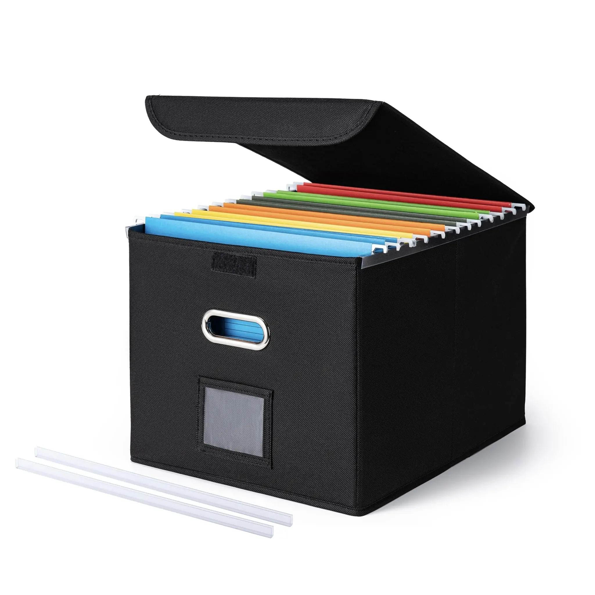 Cardboard Dust-Proof File Organizer Box with Lid & Velcro, Large Hanging Folder Organizer with Plastic Slide, Collapsible Portable Storage, Versatile for Organizing Files (14.3x12.4x10.2in, Black)