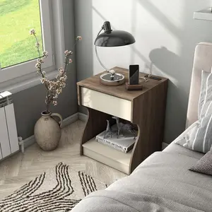 24/7 Shop At Home Haley Modern Chestnut Brown Wood 1-Drawer Nightstand with Charging Station and Hidden Storage for Bedroom, Living Room, Home Office