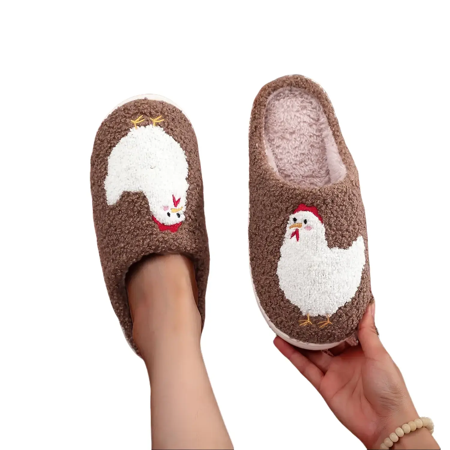 Soft Plush Hen Slippers, Fluffy Home Slippers, Cute Chicken Embroidered Indoor Outdoor Shoes, Fall Winter Gift for Farm Parents