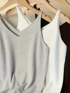 Short V-Neck Mini Halter Top Knit Vest, Sleeveless Casual Style Innerwear for Women, Lightweight & Breathable Design, Perfect for Daily Wear, Tank Top, Clothes