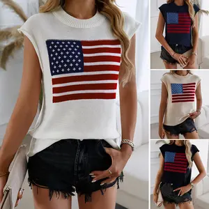 Women's Clothing Independence Day Atmosphere National Flag Pattern Knitted Vest, Loose and Thin Round Neck Sleeveless Top