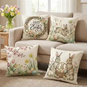 4pcs 17.7x17.7 inches Easter Bunny Flower Watercolor Painting Pillow Covers Soft and durable fabric with zip closure, modern holiday decor suitable for living rooms, bedrooms decorative pillow covers