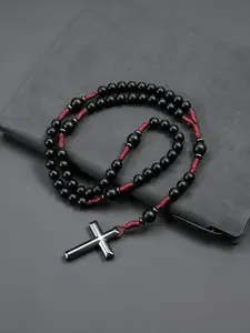 Fashion Retro 8mm Matte Bead Necklace, Dark Red String Braided Simple Cross Pendant, Unisex Birthday Gift, All Seasons Jewelry