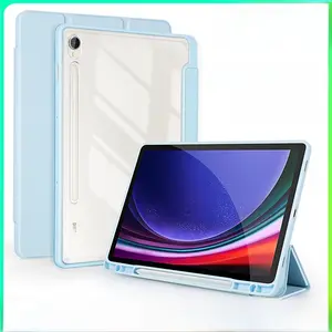Clear Transparent Case with Pencil Holder for Samsung Galaxy Tab S9/S9+/S9 Ultra, S8/S8+/S8 Ultra, S7/S7+/S7 FE, S6 Lite, A7 Lite, Shockproof Protective Cover with Built-in S Pen Slot, Tri-Fold Stand Smart Case for Samsung Tablet Series
