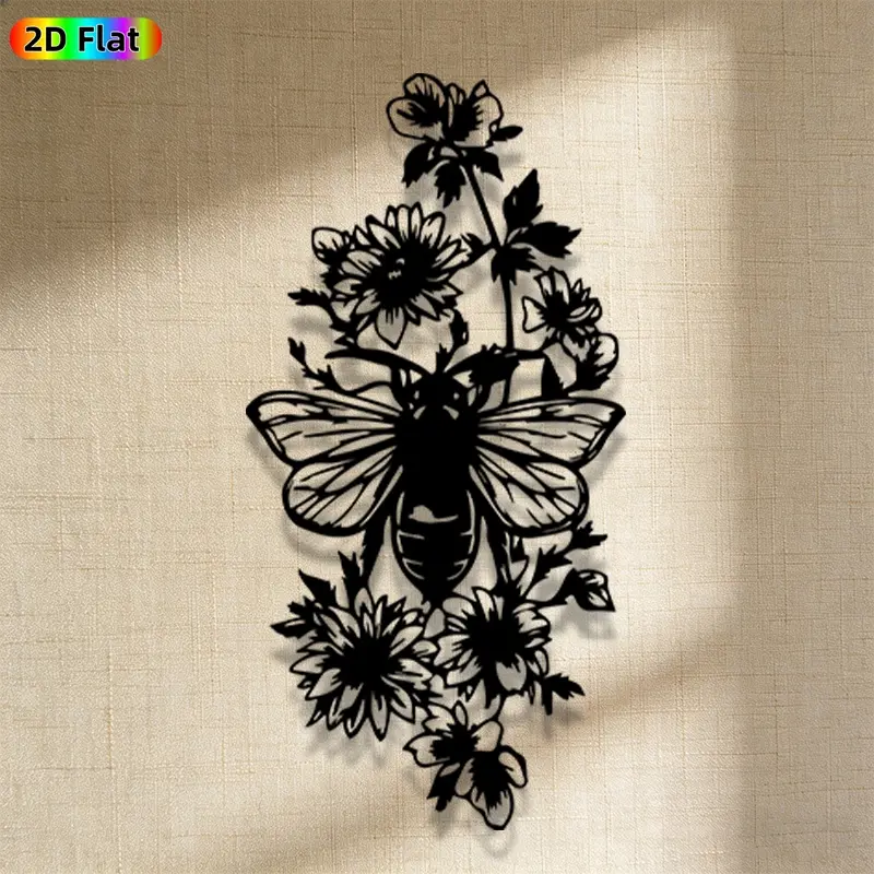 1pc Romantic Bee and Flowers Metal Wall Art, Romantic Bee and Flowers Statue Mural, Iron Craft, Perfect for Living Room, Garden, Indoor/Outdoor Decor, Artistic Metalwork, Intricate Craftsmanship, Valentine's Decor, Ideal Gift for Nature Lovers