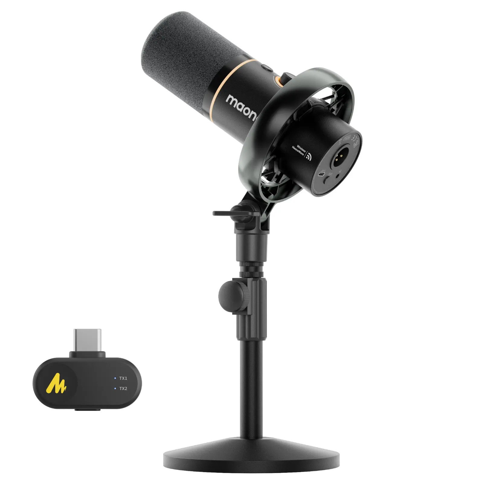 Maono PD200W Hybrid Wireless-Wired USB Streaming Mic - USB/XLR Connectivity, 2 Voices, Stand, Mobile Compatibility, Cable, Adapter, Receiver, Noise Cancelling Audio, Table Mount for PC, Laptop, Camera - Ideal for Content Creators, Contentc