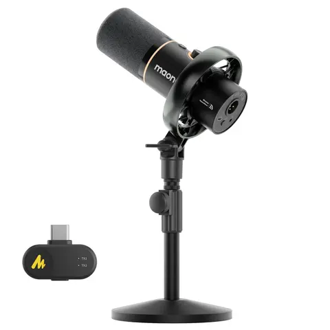 MAONO USB/XLR Hybrid Streaming Mic PD200W - Dual-Channel 2-Voice Recording for Content Creators, 2.4GHz Cordless + USB-C Plug-and-Play Cable, 30mm Dynamic Capsule, App Tone Control, 60m Range, 60h Battery, Adapter for Vlogging Equipment