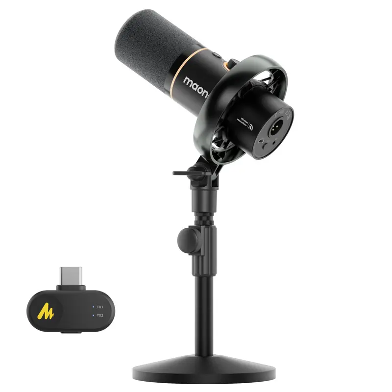 MAONO USB/XLR Hybrid Streaming Mic PD200W - Dual-Channel 2-Voice Recording for Content Creators, 2.4GHz Cordless + USB-C Plug-and-Play Cable, 30mm Dynamic Capsule, App Tone Control, 60m Range, 60h Battery, Adapter for Vlogging Equipment