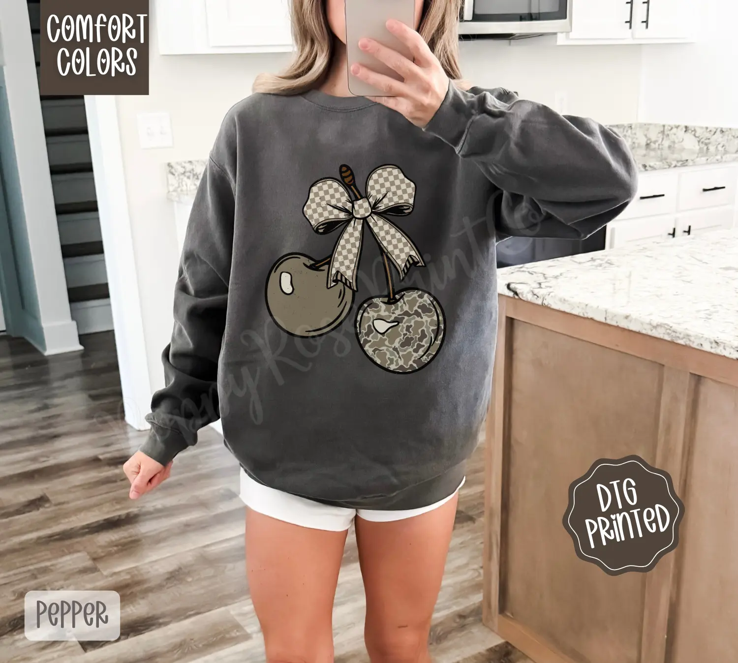 Checkered Camo Cherries Sweatshirt Comfort Colors,  Trendy Women's Crewneck