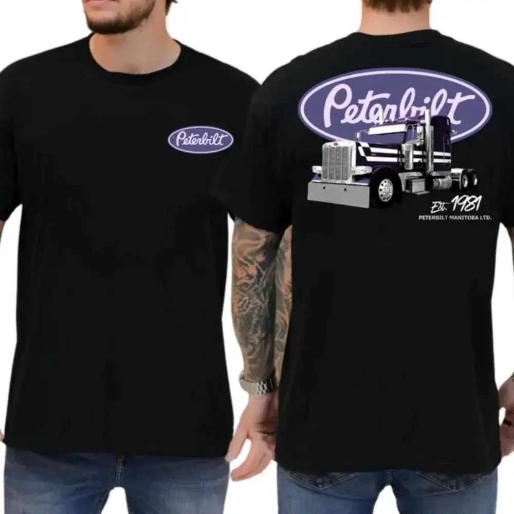 Peterbilt 1981 Edition T-Shirt, Purple Semi Truck & Oversized Logo Graphic, Trucker Shirt for Diesel Drivers, Gift for Big Rig Fans or Peterbilt Collectors