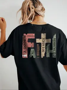Women's "FAITH" Scripture Collage T-shirt, Vintage Washed Cross & Bible Verse Print, Combining Faith Expression with Trendy Style, Loose Short Sleeve Top