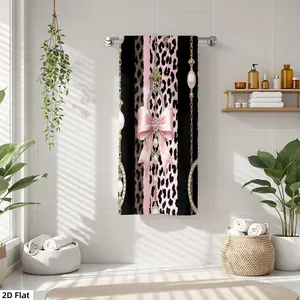 1Pc Girly with Leopard Print Pearl Bow and Chain Bathroom Hand Towel Bath Towel, Multiple Size Microfiber Towel, Ultra-Soft Quick Dry and Absorbent Polyester Large Bath Towel, Unique Home Decorative Kitchen Towels, Reusable Polyester Towel