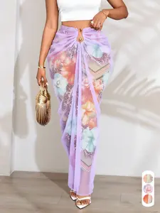 Elegant Summer Mesh Skirt with Plant Pattern, High-Waisted Fitted Design, Casual Long Skirt for Women, Fashionable Summer Wear