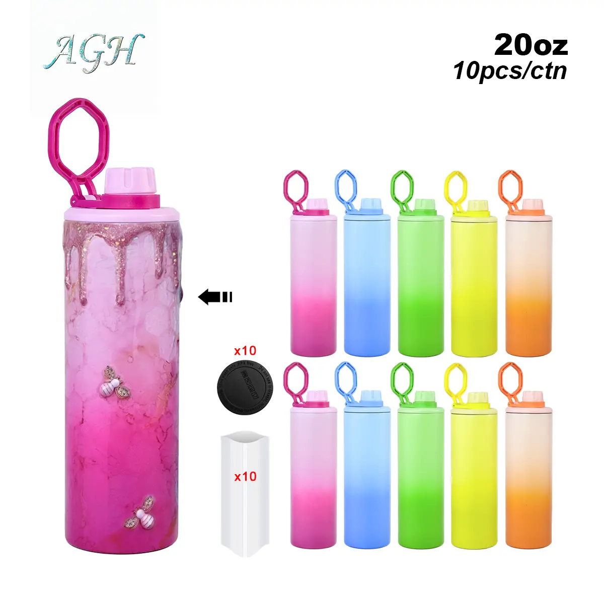AGH 10pcs 20oz Sublimation Matte Color Gradient Water Bottle with Color Handle Lid for Your DIY Gifts Drinkware Tumbler