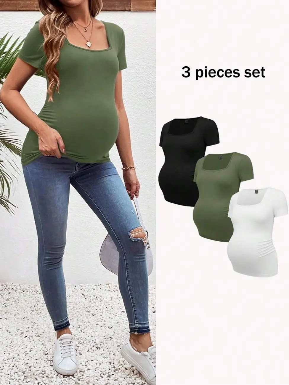 Maternity 3-Pack Scoop Neck T-Shirts, Short Sleeve Soft Fitted Basic Pregnancy Tops