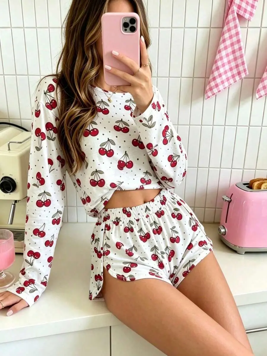 Women 2 Piece Cherry Print Lounge Set | Long Sleeve Crop Top & Shorts | Cute Pajama Set