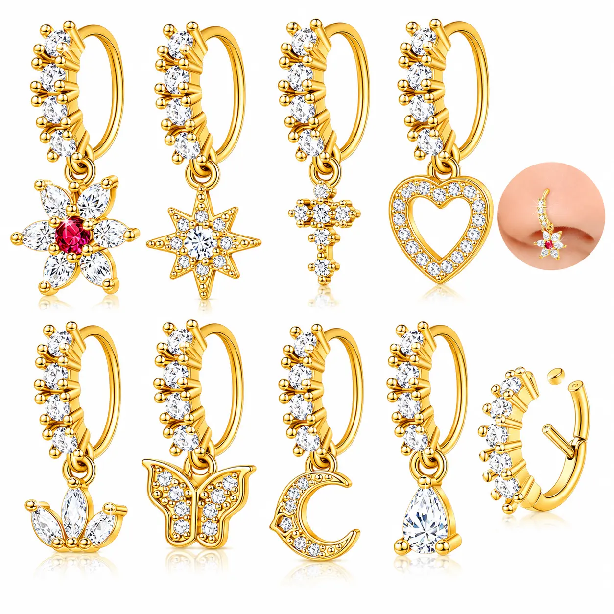 10-Piece Women's Nose Ring Hoop Set, Surgical Steel Dangle Charms for Septum & Cartilage, Wear-Resistant with Silver/Gold/Rose Gold Plating for Everyday Wear, 20G, Star, 8Mm Septum Ring, Female, Hinged/Clicker Design