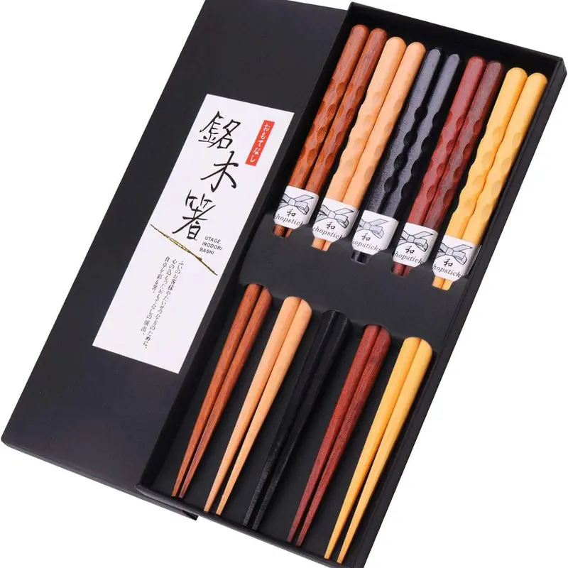 Reusable Wooden Chopsticks Set (5-Pair), Hand-Carved Kitchen Cutlery (8.8in/22.5cm, 15g Natural Wood) - Lightweight, Colorful, Eco-Friendly, Safe & Healthy, Durable, Dishwasher Safe, Easy-Care, Gift Box-Ready for Family Gifting, Ideal for Asian Dishes