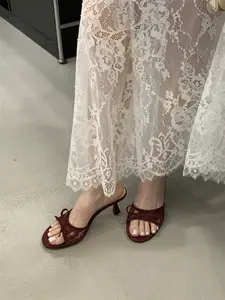 Women's Lace Bow Heeled Sandals, Mesh Breathable Cat Heel Slip-Ons, Summer Outdoor Elegant Shoes, Comfortable and Stylish Footwear