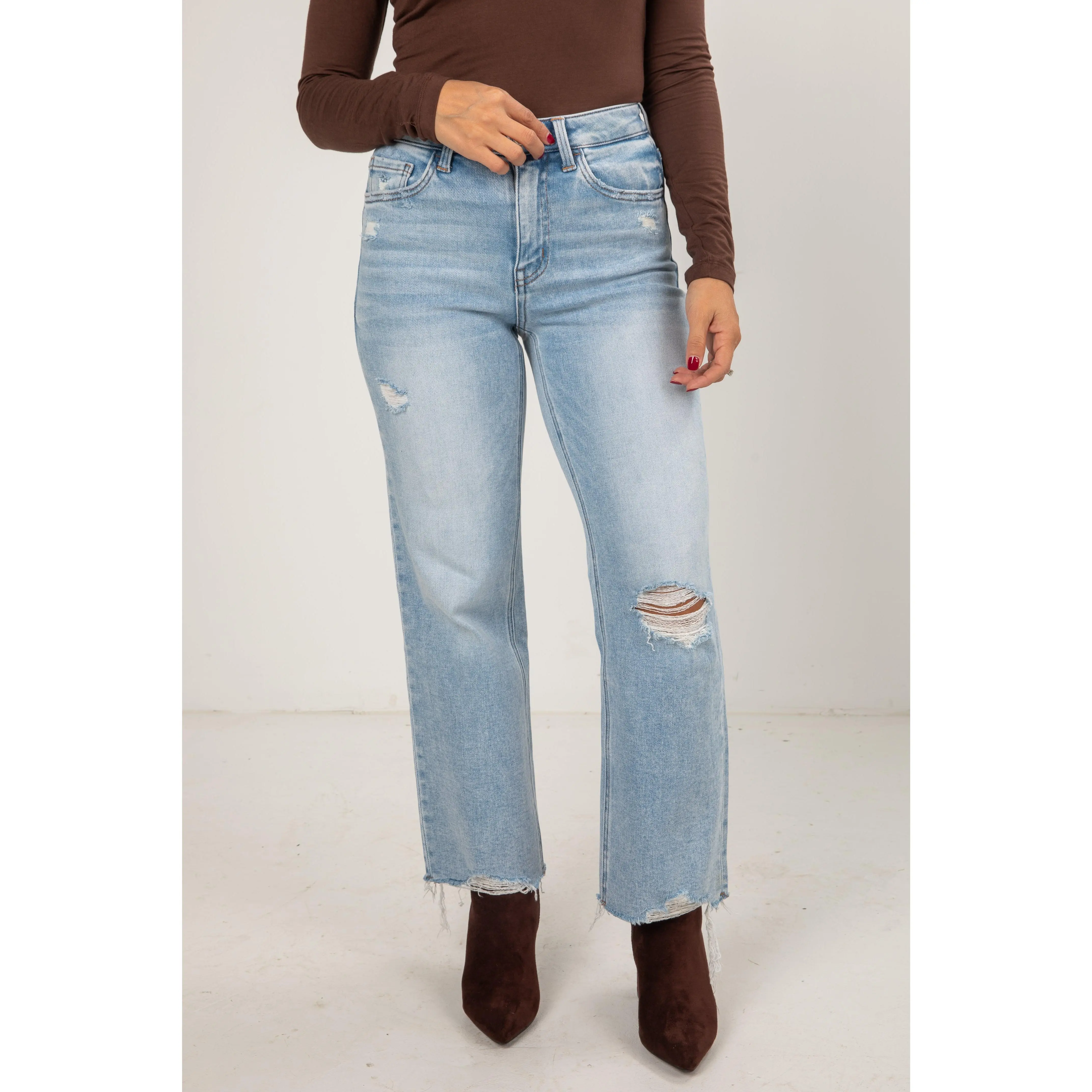 Elise Light Wash High-Rise Distressed Slim Wide Leg Jeans