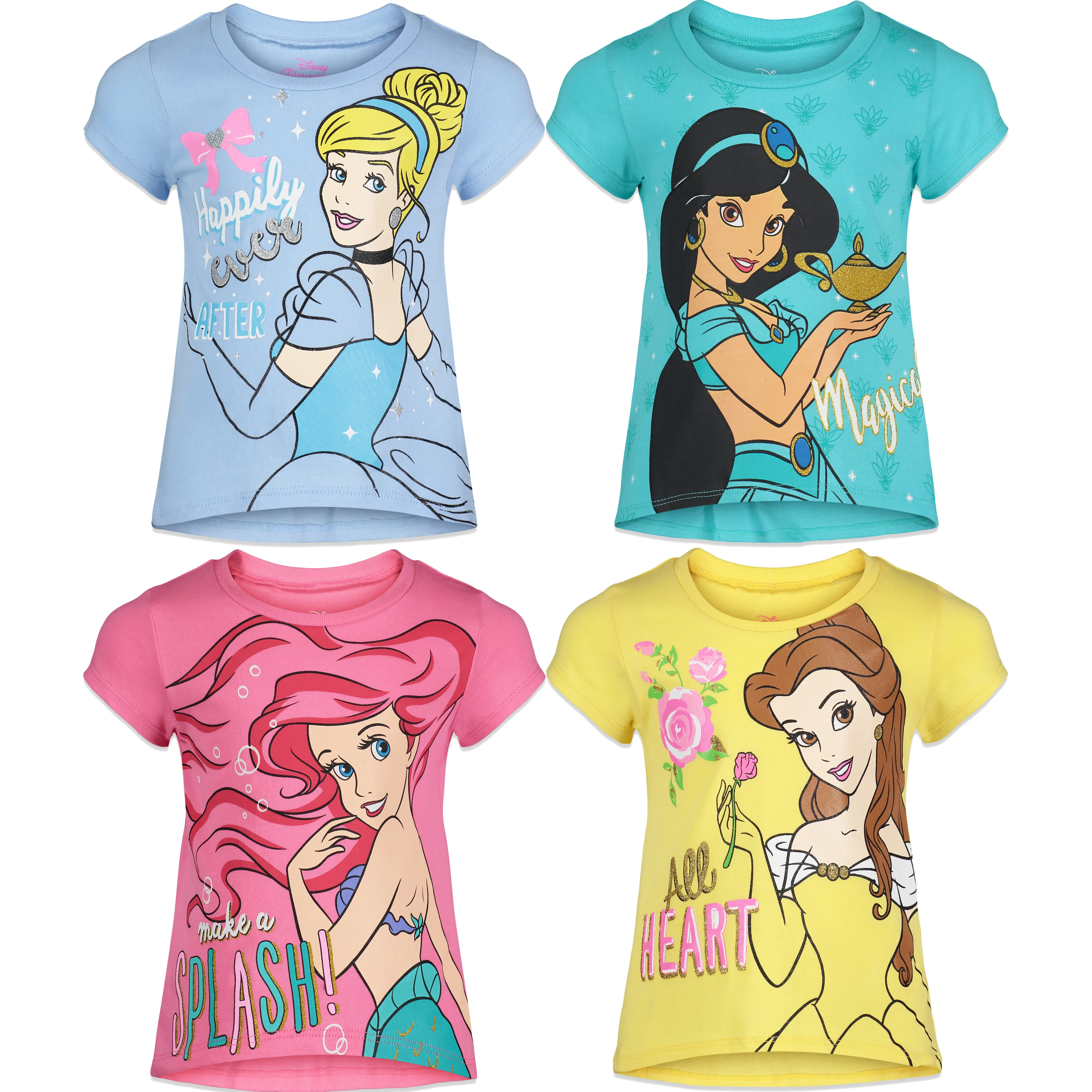 Disney Princess Girls' Glitter Short Sleeve T-Shirts Toddler to Big Kid, 4T, Graphic, 3T
