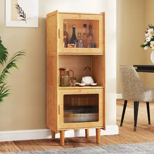 COSTWAY - 3-Cube Bamboo Storage Cabinet with Open Compartment and 2 Acrylic Doors-Natural