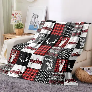 Print Farmhouse Deer Flannel Throw Blanket Tractor Farm Equipment Truck Fuzz Blanket Suitable For Boys Girls Red Black Buffalo Check Blanket Bohemian Arrowhead Flannel Blanket Room Decoration For Christmas Presents