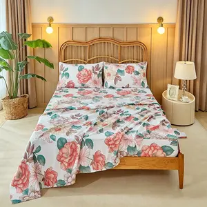 Warm and romantic floral print fitted sheet and flat sheet  set (1  fitted sheet + 1 flat sheet + 2 pillowcases), pink and fresh country style bedding, suitable for all seasons, can be used to decorate rooms in bedrooms, guesthouses, guest rooms, etc.,
