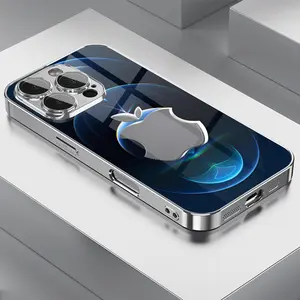 Creative Blue Light Gradient Metallic Dual-Notch Apple Print TPU Case for iPhone 16 15 14 13 12 11 Pro Max Plus Pro/Xs/Xsmax with Lens Protection & Tempered Glass Screen Protector