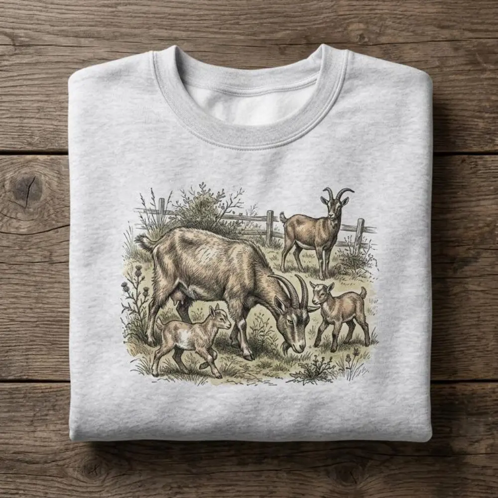 Crewneck Sweatshirt with Vintage Goat Graphic, Unisex Cottagecore Digital Print Top, Polyester-Cotton Farmhouse Pullover for Goat Lovers, Fitted, All Seasons, Shirt, Casual, Crew Neck, Hand Wash, Poly-Cotton, Classic, Do Not Dry Clean, Gift For Goat Lover