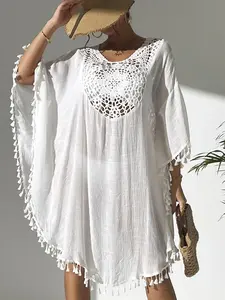Women's Elegant Crochet Lace Trim Fringe Beach Dress, Bikini Cover-Up Beach Cover Ups Swimwear Outerwear, Ladies Fashionable Summer Crochet Coverups, Beachwear Cover Up, Swimsuits Cover Ups