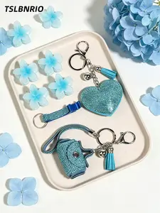 7pcs Glittering Teal Rhinestone Heart Keychain and Tiny Bag Charm with Floral Hair Claws and Lip Balm Holder Trendy Sparkly Decoration for Music Festival Concert Carnival Stage Performance Theme Party