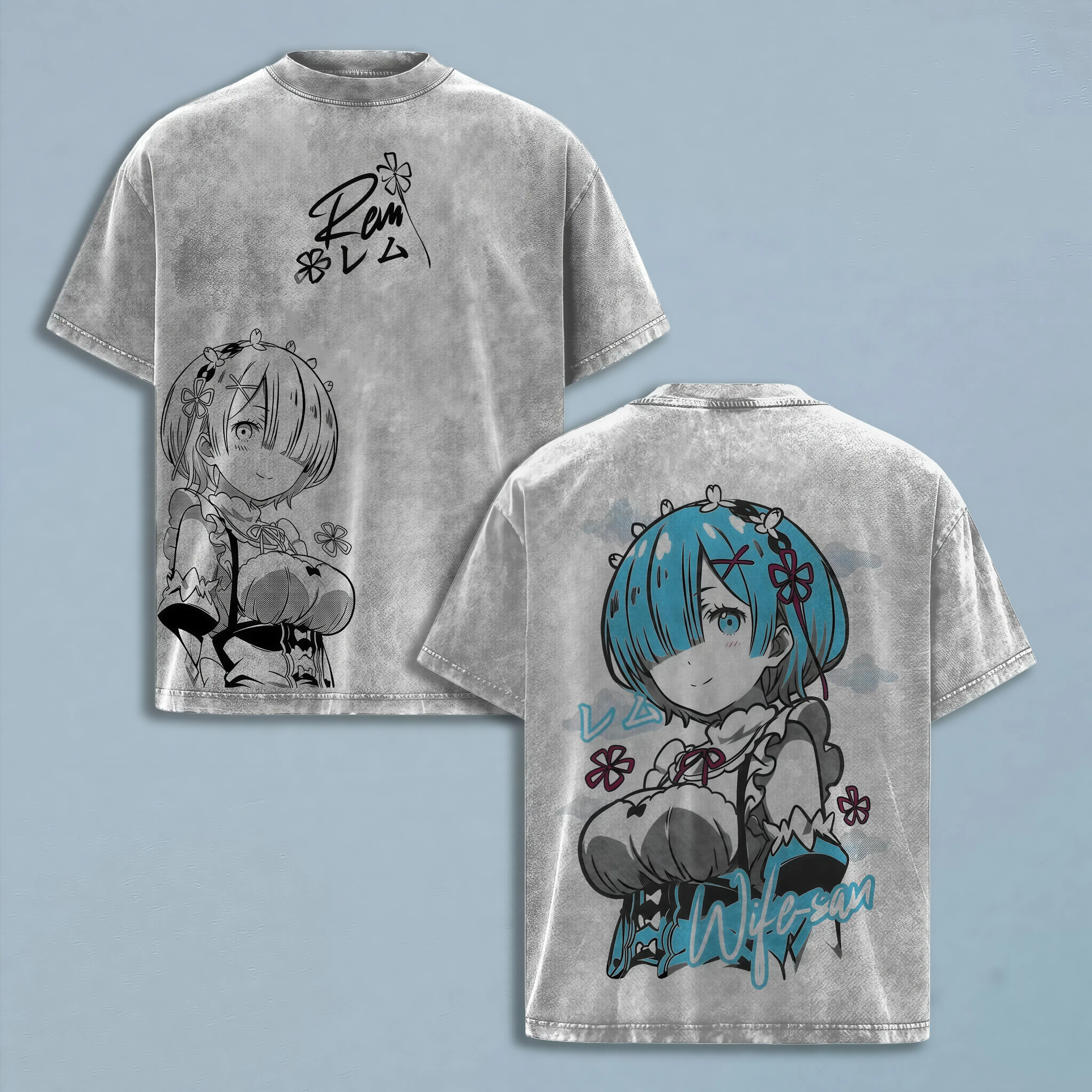 Men's Short-Sleeve Stylish Casual Anime Print T-Shirt, Rem Vintage Washed Graphic Tee, Re:0 Oversized Streetwear, Retro Y2K Waifu Manga Aesthetic Top for Anime Fans