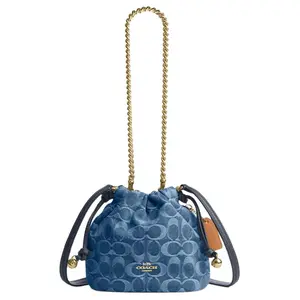 COACH Faye 17 Mini Indigo Blue Drawstring Bucket Bag with Detachable Chain Strap and Leather Accents