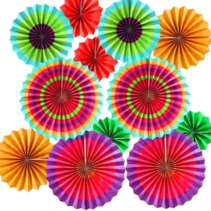 12PCS Multi-Color Hanging Paper Fans, Fiesta Party Decorations, Photo Props for Cinco De Mayo, Carnival, Mexican Taco Tuesday, Kids Party, Baby Show