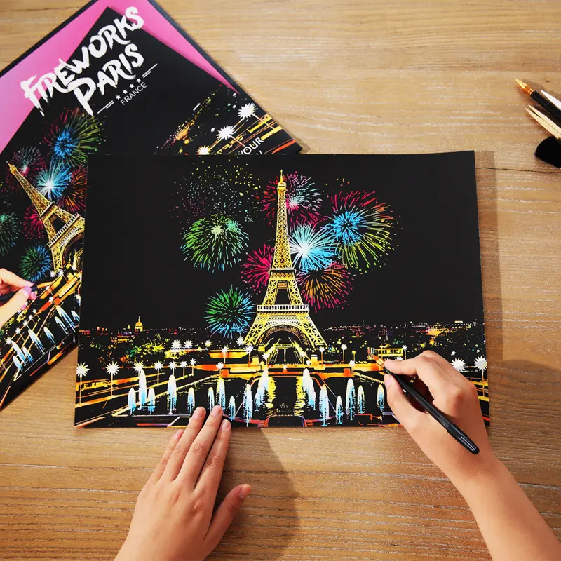 Scratch Art Paper - Rainbow City Night View Scratchboard Craft Set with Stylus Pen, DIY Wall Art Decor for Home, Relaxation & Stress Relief Activity, Creative Gift for Adults & Kids