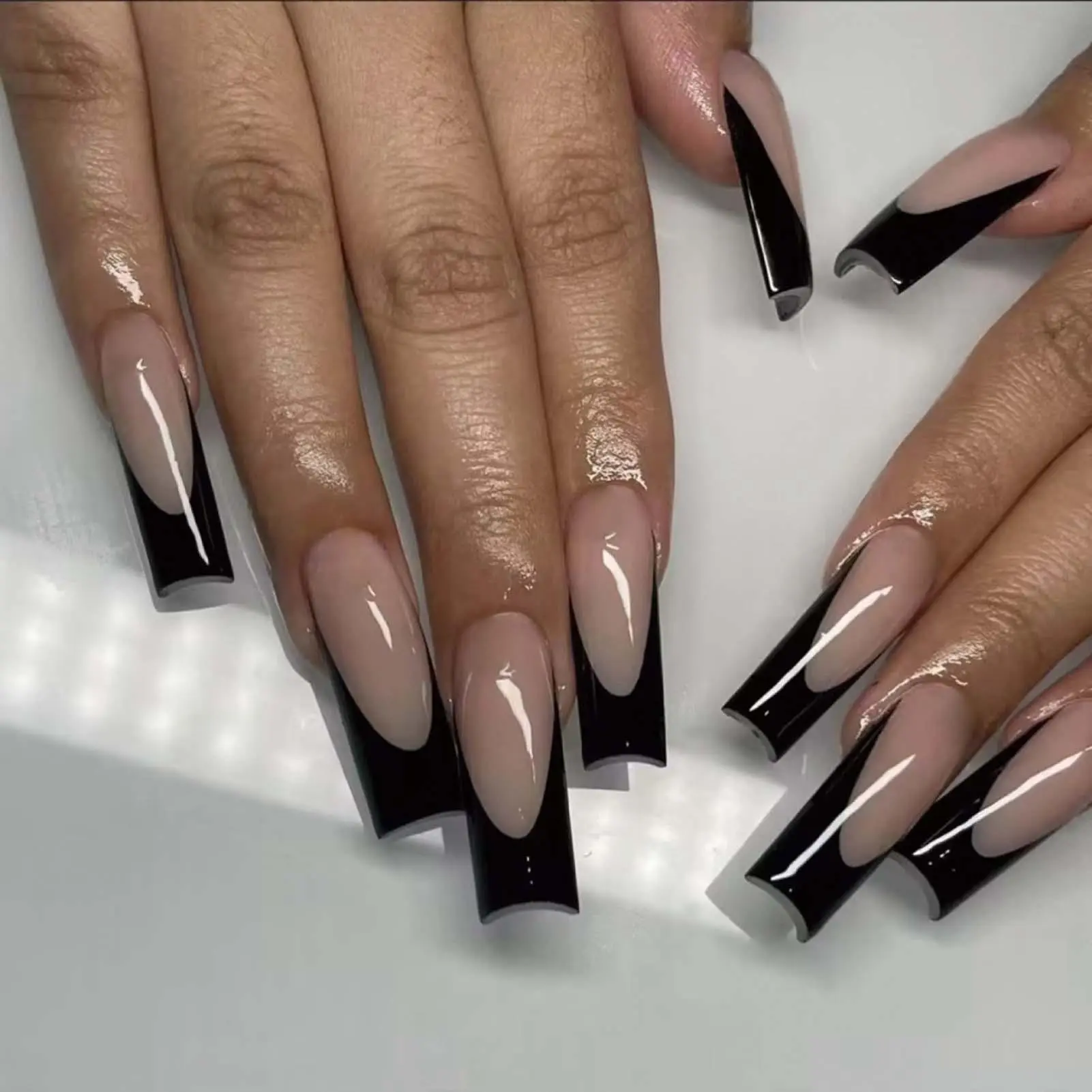 24pcs Black Edge Super Long French False Nail Acrylic Ballerina Fake Nails Press On Nails Square Nail Tips Professional Nail Art