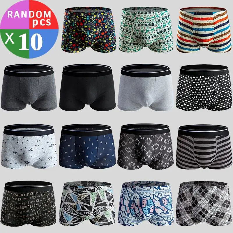 Men's 10-Pack Stretchy Mid-Waist Boxer Briefs - Ultra-Soft High-Elastic Cotton, Graphic All-Over Print Assorted Styles, Breathable and Comfortable, All-Season Daily Casual Underwear (Note: Do Not Dry Clean)