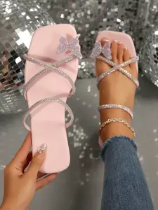 Summer Flat Sandals, Bow Design PU Material Square Toe Casual Shoes, Suitable for Dating Shopping Parties Daily Wear Home Leisure, Fashionable Glitter Sandals
