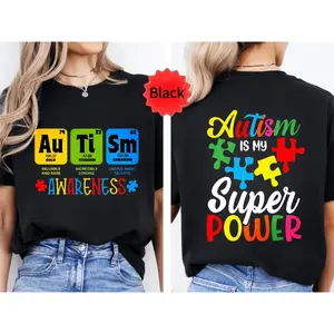 Autism Is My Su.Perpower Autistic Awareness Puzzle Piece Cute T-Shirt,100% Cotton Autism Awareness Support Autism T-Shirt Women's Men's Streetwear Graphic Tee Black Crew Neck Tops,Pure Cotton Unisex Tee,Size S-5XL