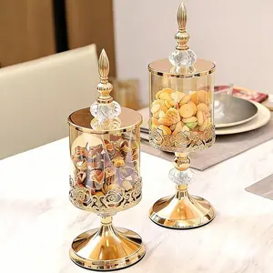 Luxury Glass Candy Jar with Lid, Vintage European Elegant Design, Polished Metal Cover, Perfect for Living Room Coffee Table Decor, Glass Kitchen Canisters