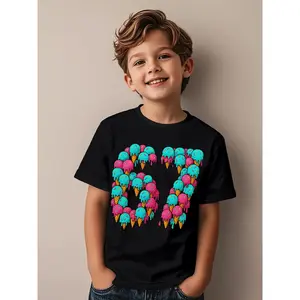 Cute Graphic Boys' Cotton Regular-Slight Stretch Short Sleeve Crew Neck Tee - Design 67, Colorful Ice Cream Cone & Didi Print, All-Season Casual Top, Suitable for Daily Wear & Birthday Party Outfits, Cute Boys' T-Shirts, Graphic Boys' T-Shirts