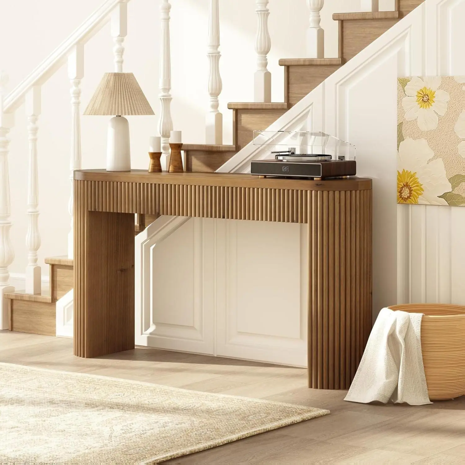 PieDle Furniture Solid Wood Console Table with Drawer - 55 Inches Mid Century Modern Fluted Foyer Table, Entryway Hallway Minimalist Sofa Table, Oval with Drawer