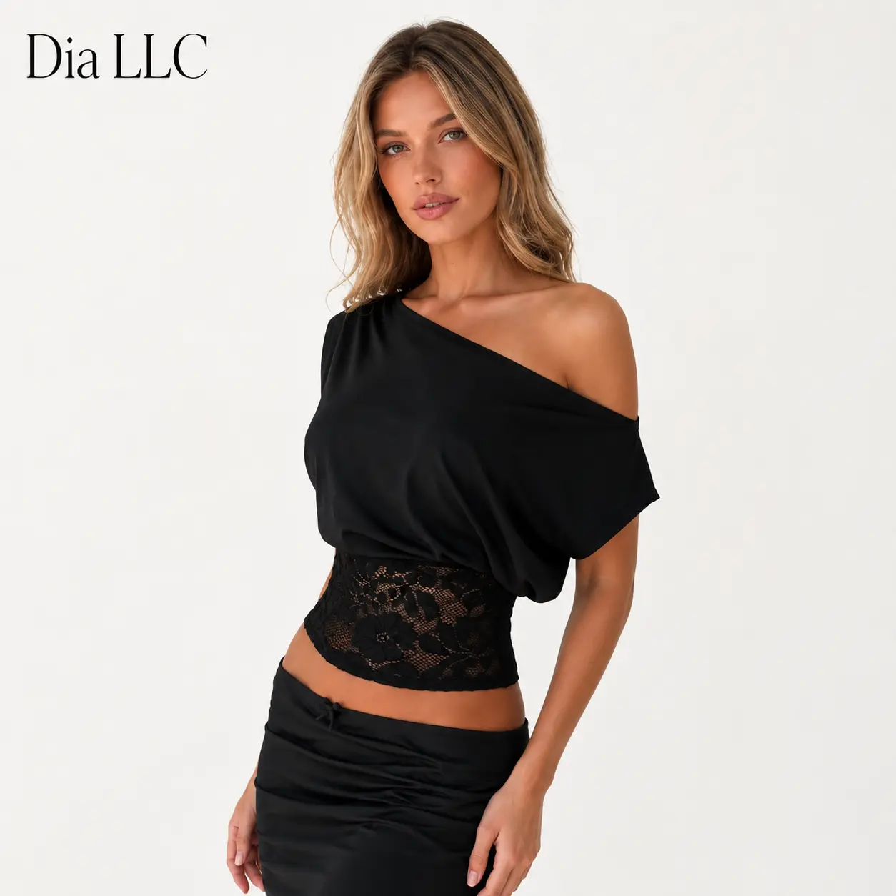 Dia LLC Women’s 1-Shoulder Lace-Waist Blouse, Elegant Asymmetrical Short-Sleeve Top, Casual Chic Going-Out Shirt