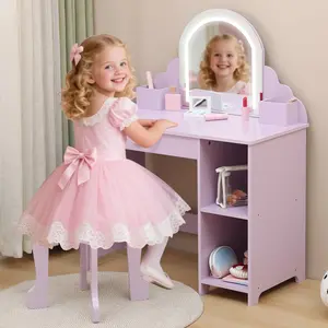 Girls Vanity with Lighted Mirror & Stool,Kids Vanity Makeup Desk with Wooden Makeup Playset,Adjustable LED Light, Storage Drawer & Shelves, Purple