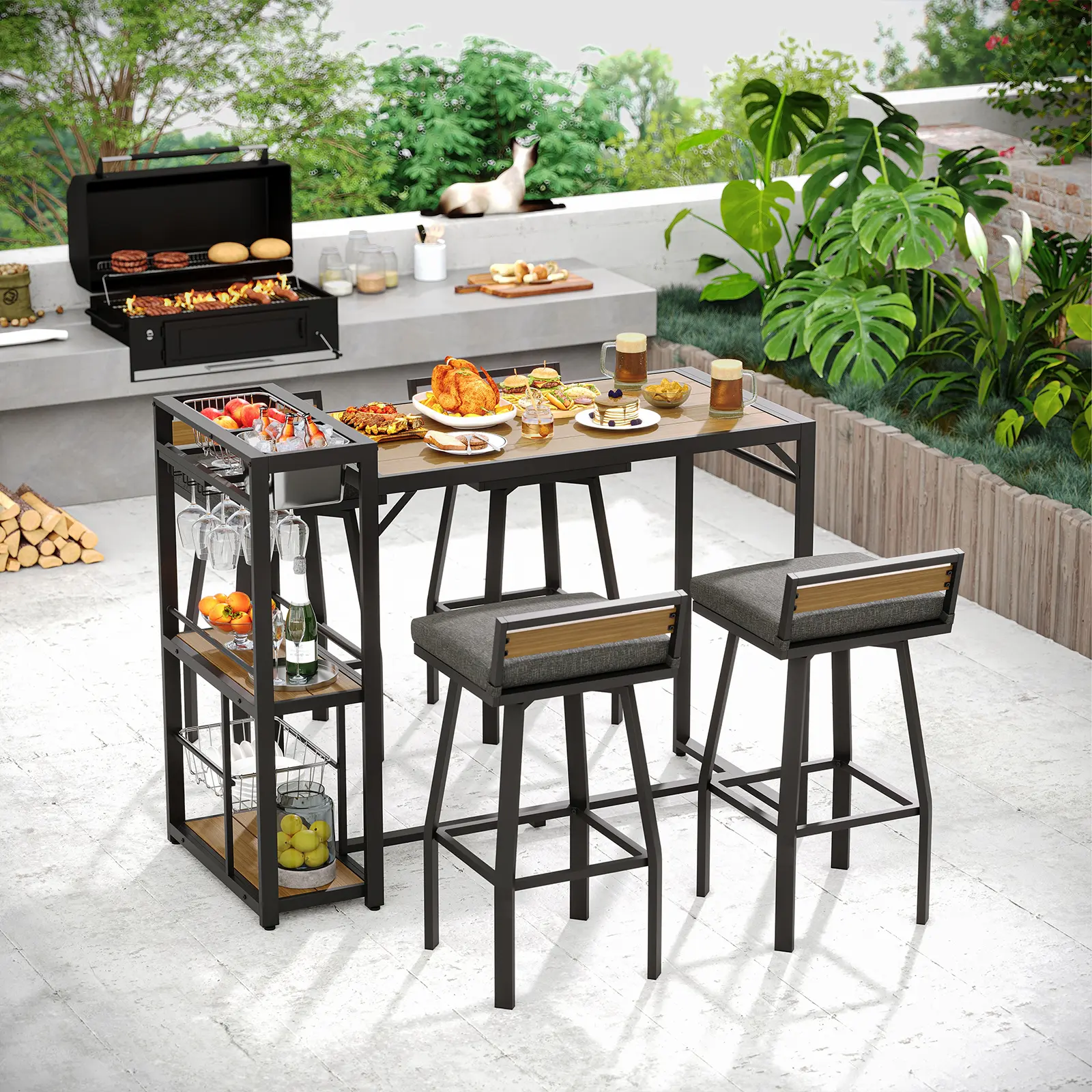 【SummerFinds】ONBRILL 5-Piece High Top Outdoor Bar Set - 1 Sturdy Waterproof Wood Plastic Top Table with Storage Shelves, 4 Ergonomic 360° Swivel Stools, UV-Resistant Washable Furniture for Patio, Backyard Relaxation, Balcony Barbecues