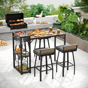 ONBRILL 5-Piece High Top Table and 4 Chairs Set, Outdoor Bar Set with Multi-Functional Shelves, Wood Plastic Tabletop, 360° Swivel Stools, Weather-Resistant Outdoor Furniture for Deck Garden